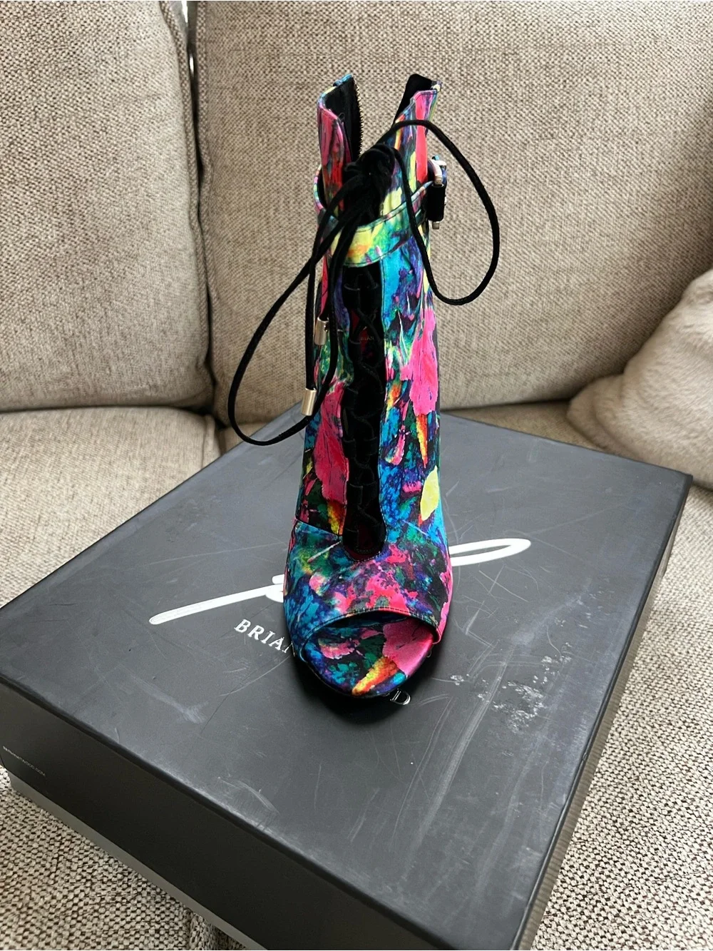 Brian Atwood Multicolor Floral Lace-Up Peep-Toe Stiletto Bootie